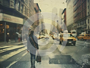 man crossing a city street with a bag in hand, and taxis parked along the