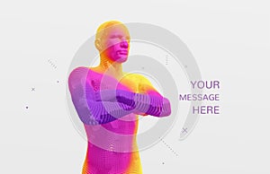 Man crossing his arms over his chest. 3D human body model. Artificial intelligence concept. Vector illustration