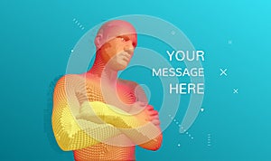 Man crossing his arms over his chest. 3D human body model. Artificial intelligence concept. Vector illustration