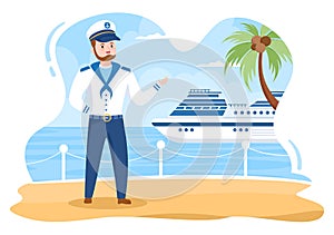 Man Cruise Ship Captain Cartoon Illustration in Sailor Uniform Riding a Ships, Looking with Binoculars or Standing on the Harbor