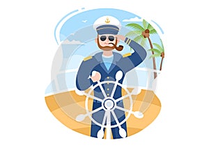 Man Cruise Ship Captain Cartoon Illustration in Sailor Uniform Riding a Ships, Looking with Binoculars or Standing on the Harbor