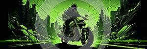 A man is cruising on a motorcycle in front of a vibrant city skyline illuminated by the green light