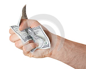 Man crumpling dollar bill on white, closeup