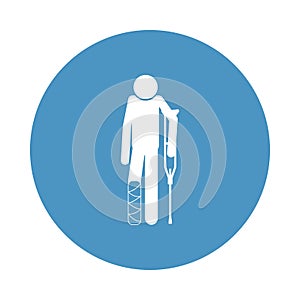 man with a crutch and a broken leg icon in badge style. One of hospital collection icon can be used for UI, UX