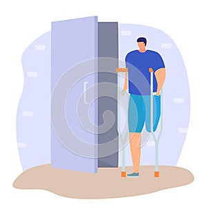 Man with crutches opening door. Disabled male character using mobility aid. Accessibility and disability support vector