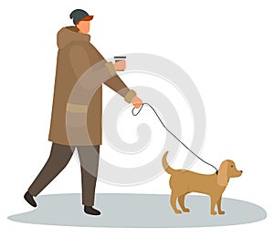 Man With Cup of Coffee Walking with Dog on Leash