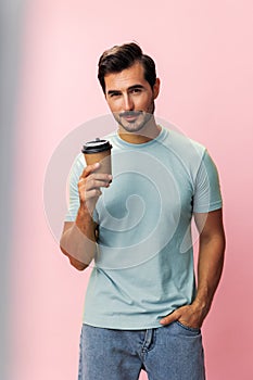 Man cup drink tea copy studio mug energy hot t-shirt hipster happy space paper coffee