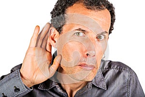 Man cupping hand behind ear