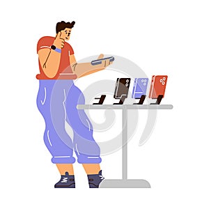 Man customer looking for smartphone or tablet, choosing new digital device, modern gadget in electronic store vector