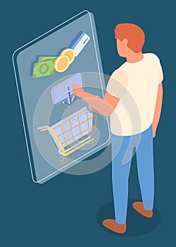 Man customer shopper choosing product in online shop, put it in cart at website, isometric 3d
