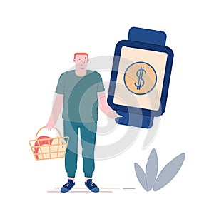 Man Customer Use Smart Watch for Noncontact Paying in Supermarket Store. Male Character Cashless Payment