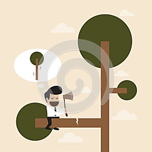 Man cut the branch of the tree with risk behavior