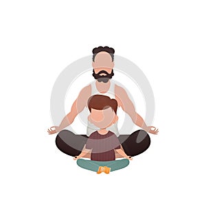 A man with a cute baby is sitting and doing yoga. Isolated. Cartoon style.