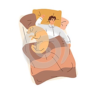 Man and cute dog sleeping in bed together. Sleepy person asleep, lying with canine animal. Doggy owner dreaming under