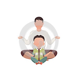 A man with a cute little boy are sitting and doing yoga. Isolated. Cartoon style.