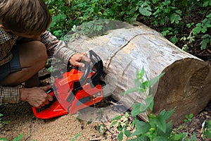 A man cuts a fallen tree with a chainsaw