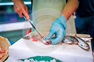 A man cuts fish before selling at a fish market. Bright colours, selective focus