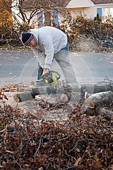 Man Cuts Tree Limbs with a Chainsaw