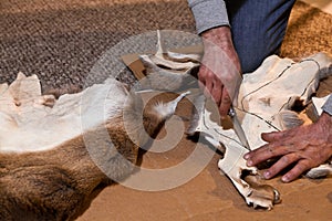 Man cutting deer hide to make comfortable and warm footwear