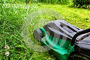 Man cutting green grass with lawn mower in backyard