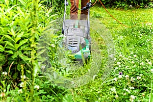 Man cutting green grass with lawn mower in backyard