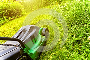 Man cutting green grass with lawn mower in backyard. Gardening country lifestyle background. Beautiful view on fresh green grass