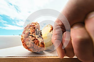 Man cutting pineapple - Close up male hand holding sharp knife preparing tropical fruits smoothies