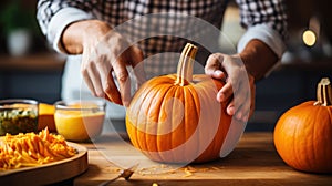 A man is cutting a pumpkin on top of another one, AI