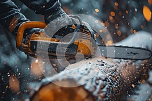 A man is cutting wood in the forest with a chainsaw. Generative AI