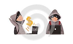 Man Cybercriminal Wearing Black Mask Committing Network and Computer Crime Harming Security and Financial Health Vector