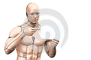 Man cyborg shows ads. 3d rendering illustration