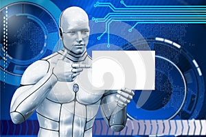 Man cyborg shows ads. 3d rendering illustration
