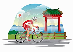 Man cycling in japan with japanese gate as bakcground