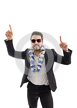 Man is dancing. bearded person wears black jacket and white shirt. Isolated..