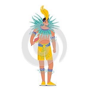 Man Dancing at Carnival in Rio De Janeiro. Brazilian Samba Dancer Wearing Festival Costume with Multicolored Feathers photo