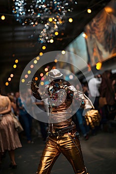 Man dancing in disco. Man dressed in Futuristic Silver Suit. Robot suit.