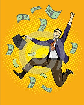 Man dancing with money flying around. Vector illustration in retro comic pop art style. Business and financial success