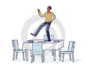 Man dancing on table celebrating achievement or business success. Drunk male dance