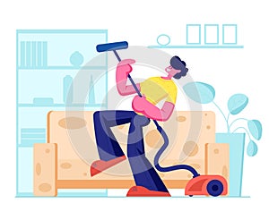 Man Dancing with Vacuum Cleaner as it is Electric Guitar, Householder Vacuuming Home in Living Room. Domestic Work