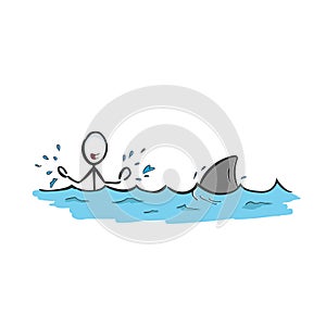 Man in danger. Shark in the sea. Ocean deep water shark attack. Hand drawn. Stickman cartoon. Doodle sketch, Vector graphic