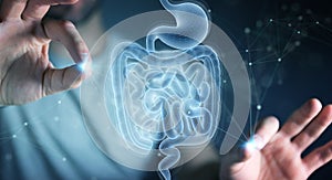 Man using digital x-ray of human intestine holographic scan projection 3D rendering photo