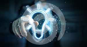 Man using lightbulb neon digital interface 3D rendering