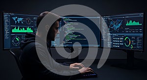 Cybersecurity Analyst Working on Multiple Monitors with Data Visualizations