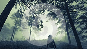 Man on dark misty forest path in fog, Halloween concept