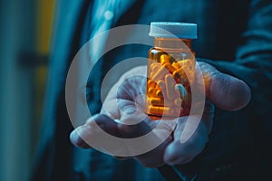 Man in a Dark Suit Holding a Full Bottle of Orange Opioid Pills at Dusk