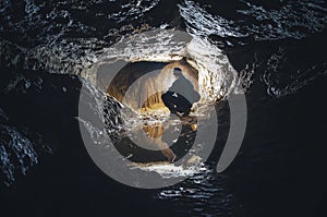 Man in dark underground cave