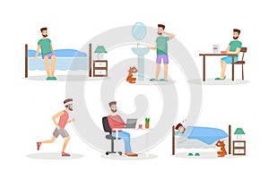 Man day routine flat vector illustrations set. Morning, day and evening. Hygienic procedures, sports activity and work