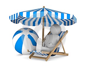 Man on deckchair and ball on white background