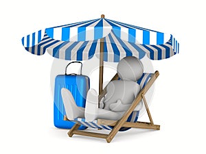 Man on deckchair and luggage on white background