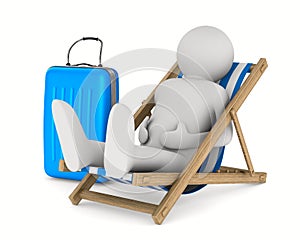Man on deckchair and luggage on white background